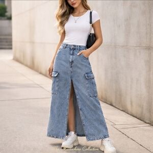 Love Fire Y2K Acid Wash Cargo Denim Maxi Skirt | Size 11